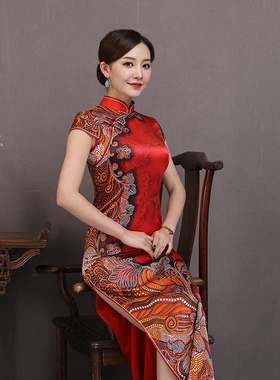 气质连衣裙真丝长复古修身日常婚礼演出活动礼服旗袍中年妈妈红色
