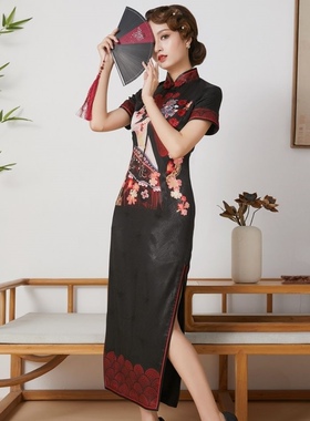 尽显好身材倾城粉黛真丝长款可定制红色改良版旗袍礼服日常聚会