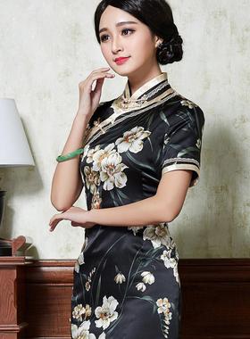 优雅粉黛新款定制黑色2023真丝夏季桑蚕丝中长款旗袍裙复古高端