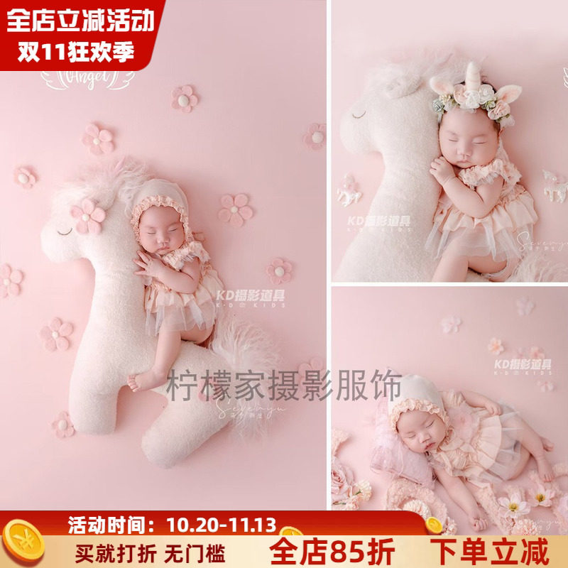 KD儿童鲜艳花朵可爱天使独角兽主题新生儿满月宝宝粉色纱裙套装