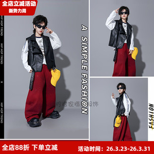 儿童摄影大童潮牌时尚 黑色皮衣马甲三件套男童模卡潮拍走秀套装