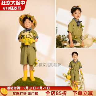 欢乐农场主题田园风花朵儿童绿色工装连体衣男童时尚油画服装