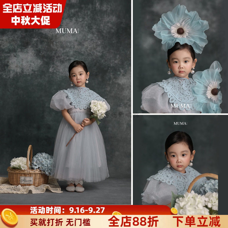 女童复古油画风网纱蕾丝连衣裙图片