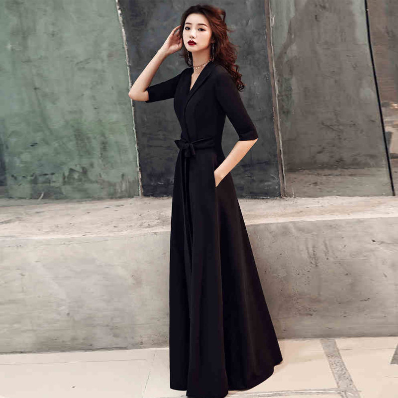 黑色晚礼服裙女2025新款春秋宴会高贵气质女王修身长款V领连衣裙