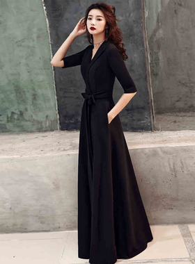 黑色晚礼服裙女2025新款春秋宴会高贵气质女王修身长款V领连衣裙