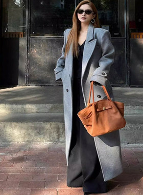 灰色呢子大衣女2026秋冬新款高级感正肩中长款高个子加长毛呢外套