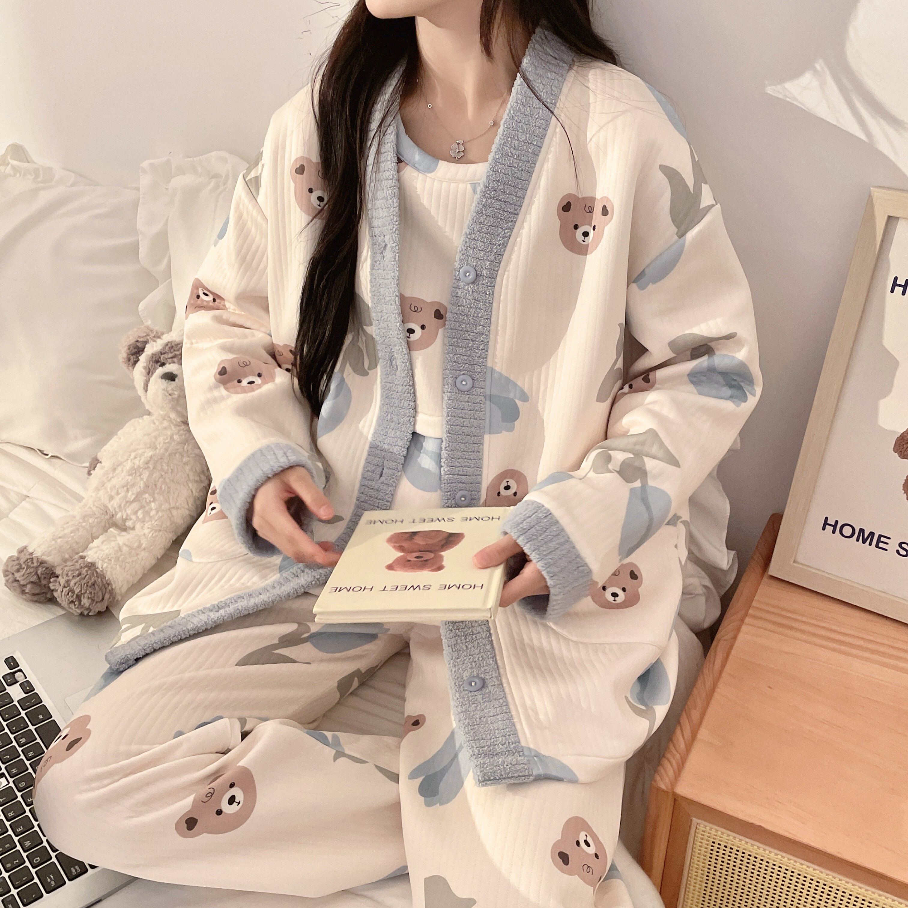 秋冬空气棉月子服三件套纯棉睡衣