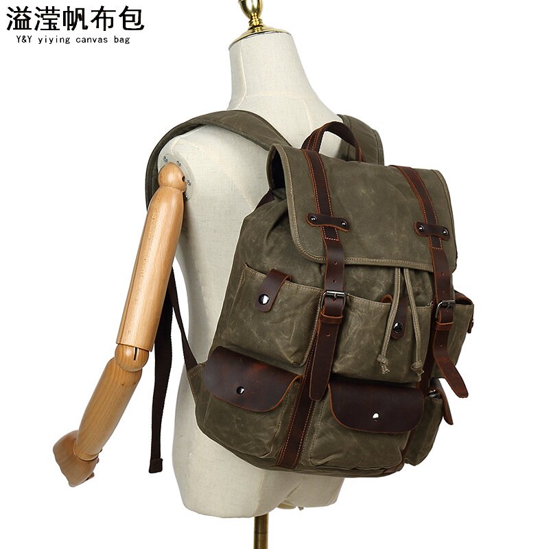 欧美时尚双肩包男旅游背包运动旅行袋登山包学生书包过蜡配疯马皮