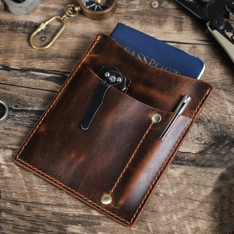 秋冬黑天使复古油皮护照零钱包户外求生工具手电筒收纳包真皮刀套