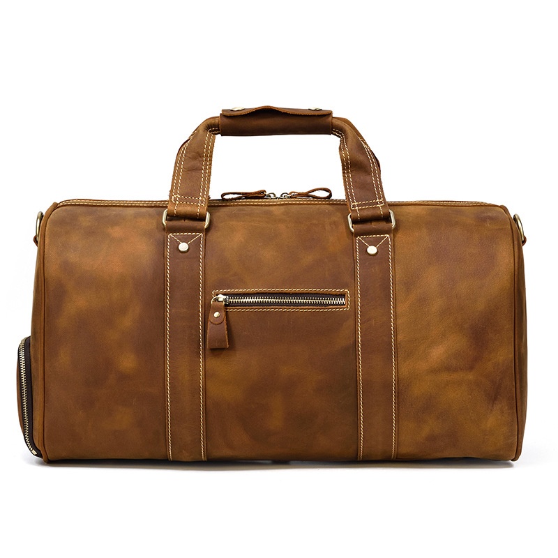 秋冬欧美复古疯马皮健身包牛皮行李包带鞋位旅行包男士真皮单肩