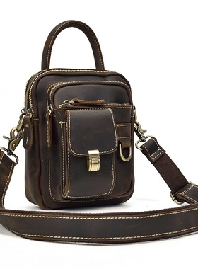 秋冬男士真皮腰包疯马皮单肩斜挎包多功能牛皮手提包穿皮带挂包