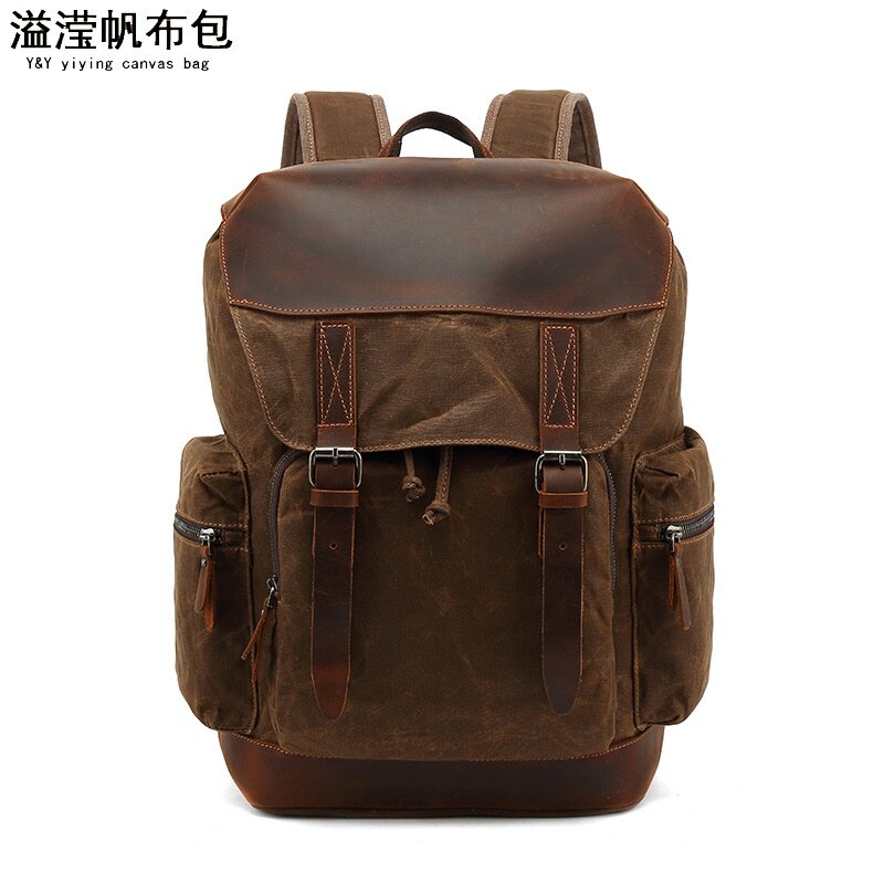 欧美时尚旅行背包学生户外双肩包配疯马皮复古旅游袋防泼水油蜡