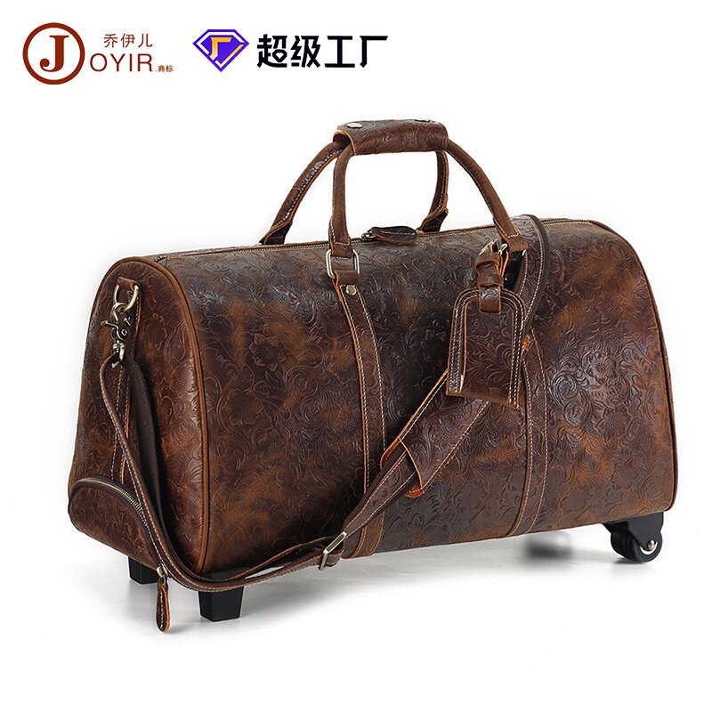 2026新款行李包疯马皮压花男士手提行李袋感轻奢男包带拉杆真皮