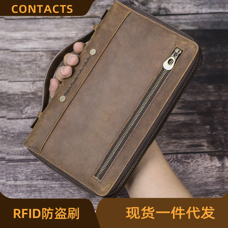 2026新款黑天使RFID疯马牛皮欧美潮流男士手拿包大容量跨境货源男