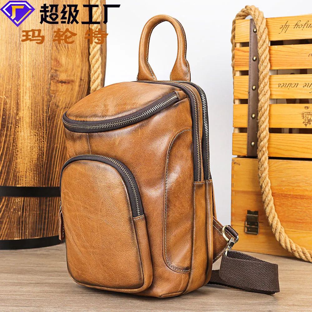 玛轮特真皮男士胸包高级感斜挎包复古大容量牛皮单肩包旅行背包包