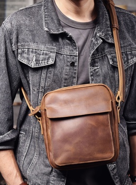 秋冬真皮简约男士小方包原创手工头层疯马牛皮单肩斜挎时尚潮包