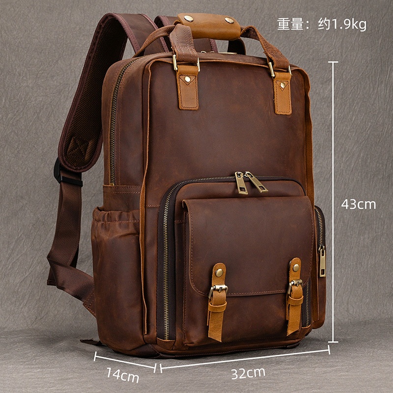 秋冬复古疯马皮摄影包男士大容量双肩包牛皮旅行包户外真皮