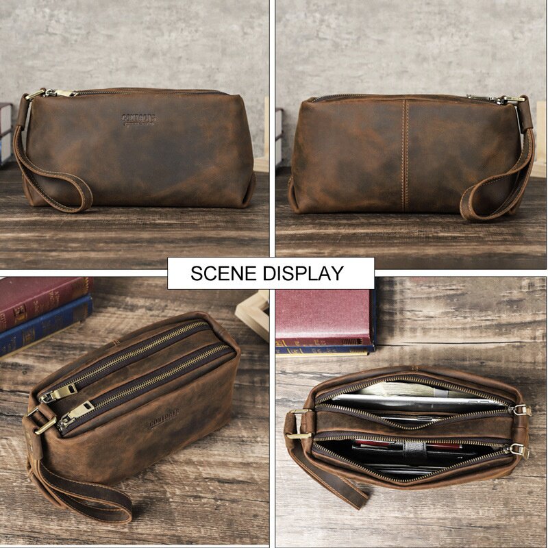 2026新款黑天使复古疯马皮配手腕带洗漱包多功能收纳化妆包真皮