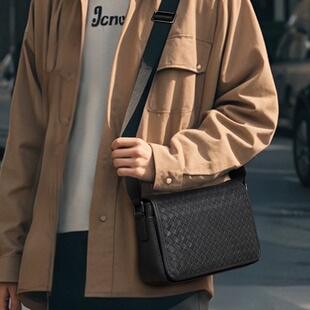 横款 男包头层牛皮手工编织包大容量男式 斜挎包休闲 时尚 2026新款