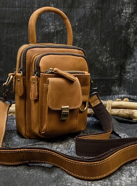 秋冬真皮男士单肩斜挎包疯马皮个性腰包户外运动手机包多功能三用