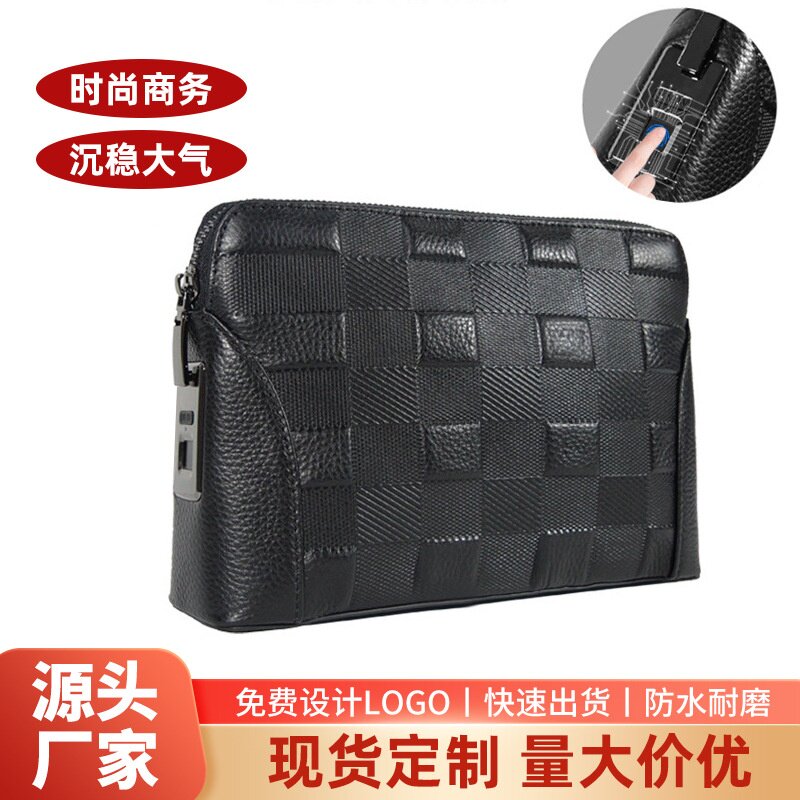 旅行通勤工厂跨境新款头层牛皮防盗男式手抓包商务通勤指纹锁