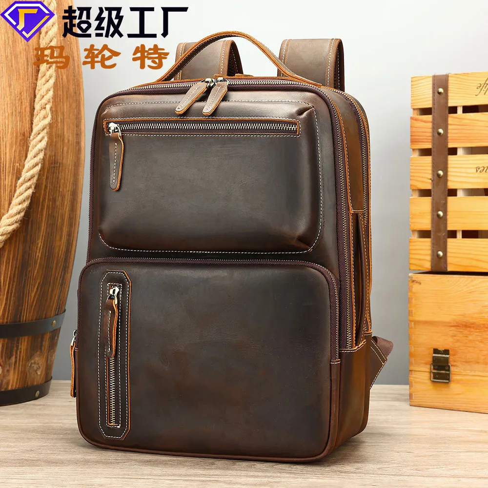 玛轮特疯马皮双肩背包高级感户外男士多功能商务背包真皮电脑包男