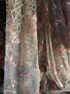 软纱银灰网枝粉花刺绣网纱布料礼服连衣裙团扇芭比娃衣装饰发饰