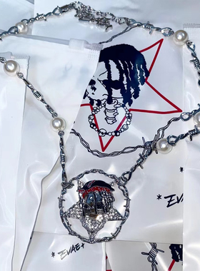 EVAE原创设计 美式嘻哈五角星荆棘骷髅项链男女同款小众珍珠颈链