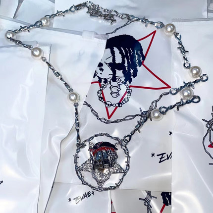 EVAE原创设计 美式嘻哈五角星荆棘骷髅项链男女同款小众珍珠颈链