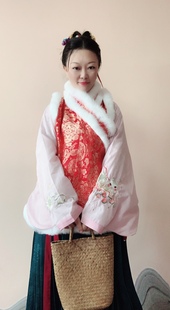 明制织锦交领比甲 加厚冬款毛呢毛绒汉服 兔毛镶边