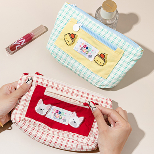 多巴胺可爱化妆包便携撞色格子化妆品收纳包大容量多层杂物小包