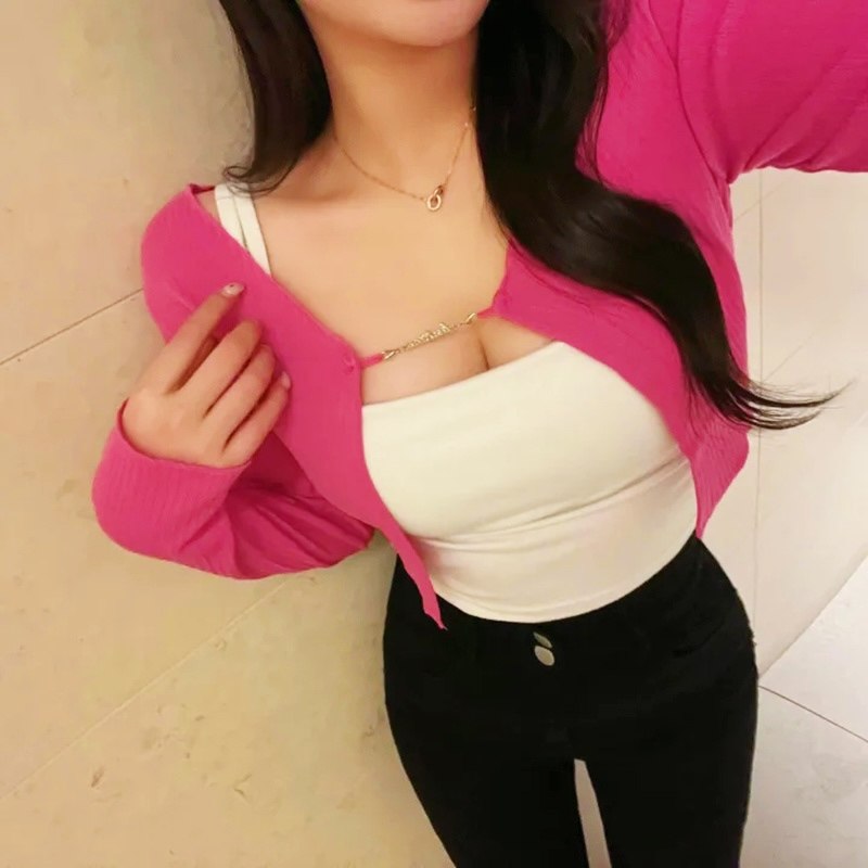 韩国东大门女装玫红百搭薄款开衫小外套修身短款罗纹针织长袖上衣,女装/女士精品,短外套,淘宝优惠券,粉丝福利购,淘宝优惠卷