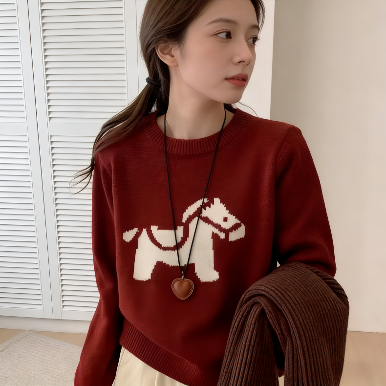韩国东大门洋气减龄针织衫2026新款宽松慵懒风小马图案长袖毛衣衫,女装/女士精品,毛针织衫,淘宝优惠券,粉丝福利购,淘宝优惠卷