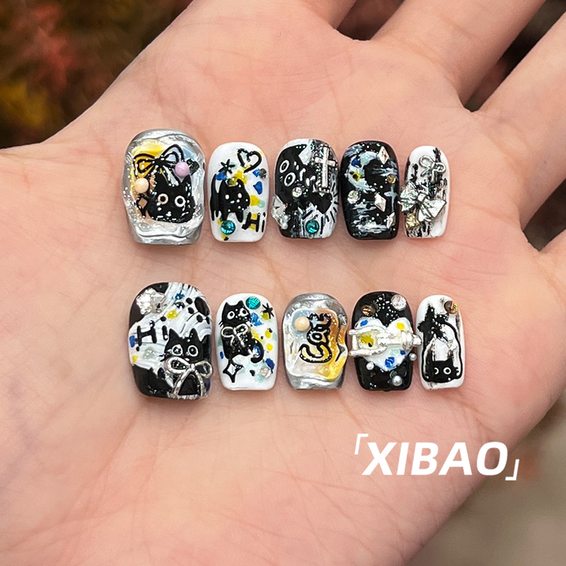 黑色穿戴甲短款高质量绝美指甲贴片2025新款纯手工甲片穿戴式美甲