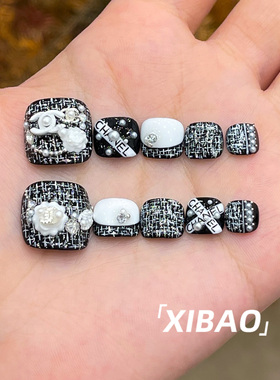 黑色脚趾甲穿戴甲2026新款小香风穿戴美甲高级感纯手工脚指甲贴片