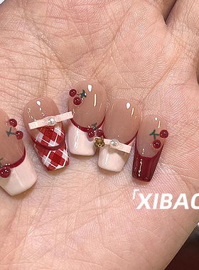 红色穿戴甲中长款结婚美甲春日高级感纯手工定制精致爆款指甲贴片