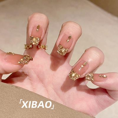 金色爆闪穿戴甲中长款高级感纯手工指甲贴片2025新款精致穿戴美甲
