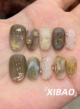 绿色穿戴甲2026新款轻奢显白穿戴美甲短款高级感绝美手工指甲贴片