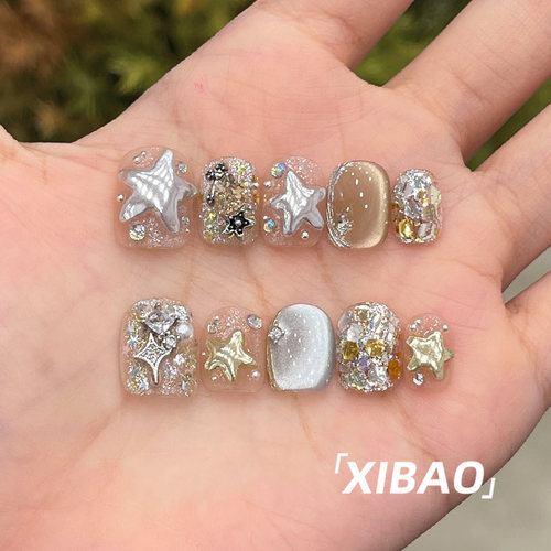 猫眼穿戴甲短款夏日重工精致穿戴美甲2025新款高级感手工指甲贴片