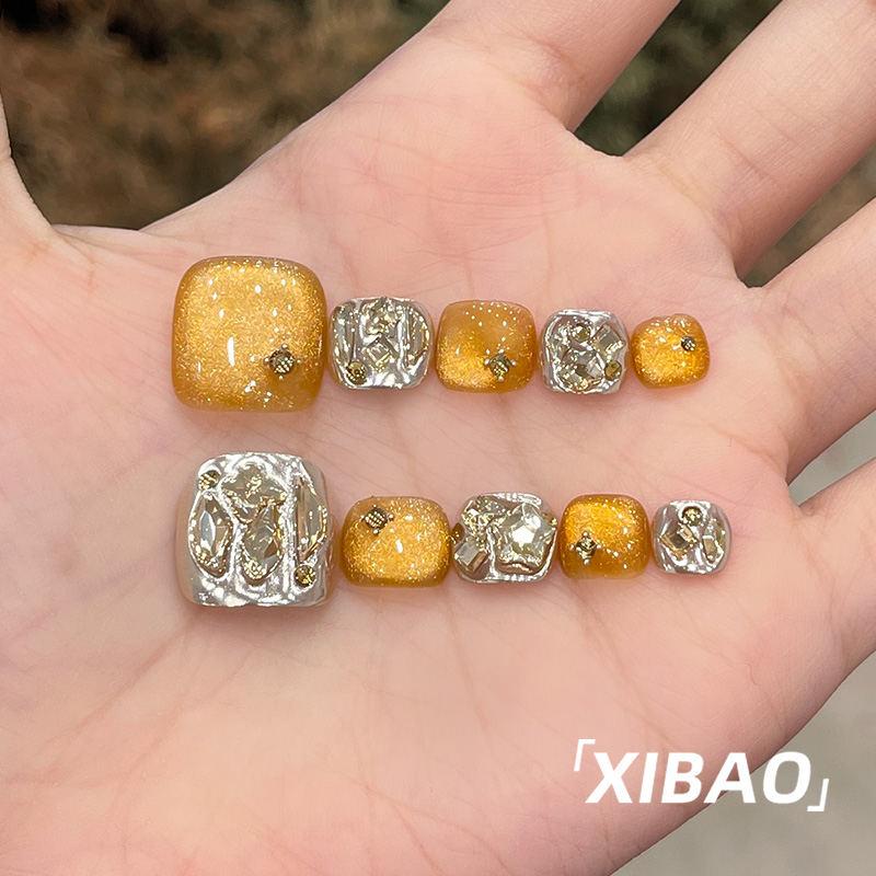 金色穿戴甲脚趾甲2025新款高级感猫眼美甲夏天绝美手工脚指甲贴片