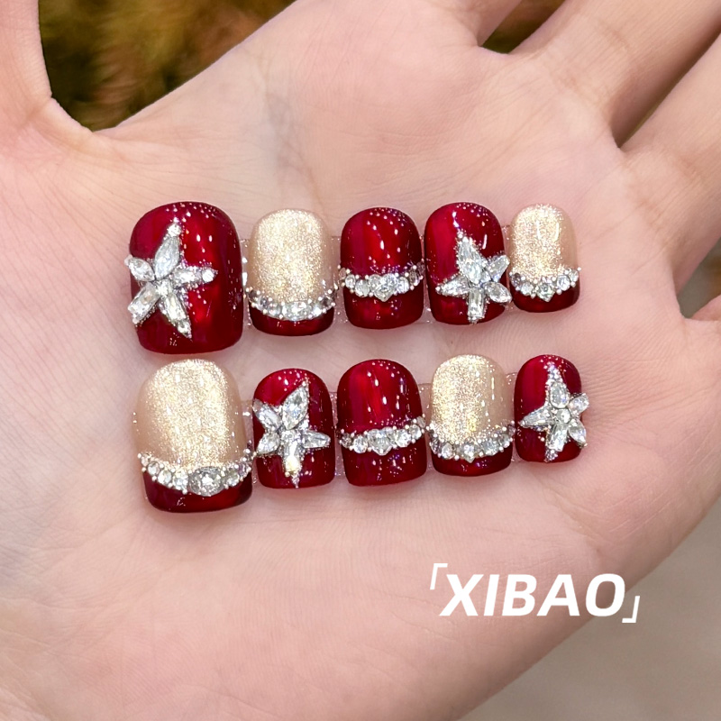红色猫眼穿戴甲短款精致秋冬美甲2025新年款高质量纯手工指甲贴片