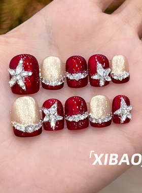 红色猫眼穿戴甲短款精致秋冬美甲2025新年款高质量纯手工指甲贴片