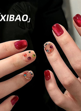 红色穿戴甲短款成品手工指甲片2025新款新娘指甲片穿戴式美甲贴片