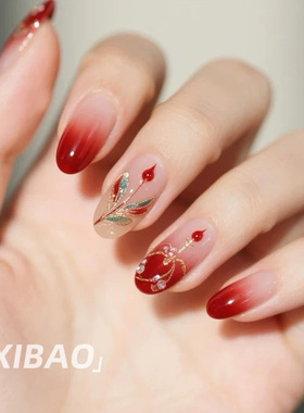 红色穿戴甲短款纯手工猫眼穿戴款美甲2025新款高级感绝美指甲贴片