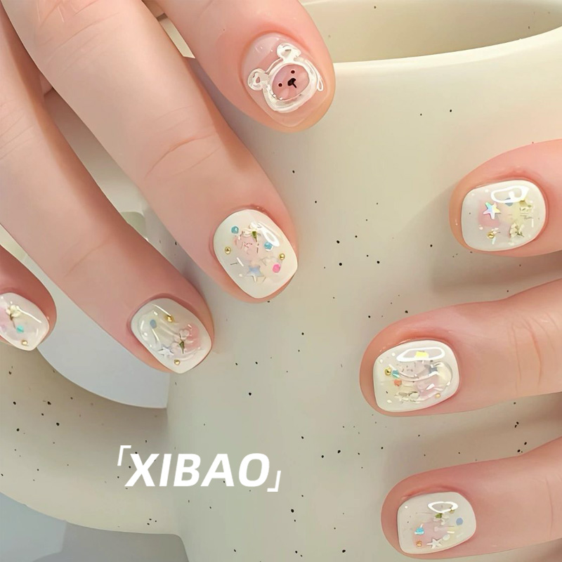 穿戴甲短款成品手工定制手绘小熊美甲贴片2025年新款穿戴式指甲片