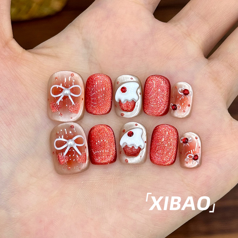 猫眼穿戴甲短款纯手工蝴蝶结短戴甲2025新年款精致高级感穿戴美甲