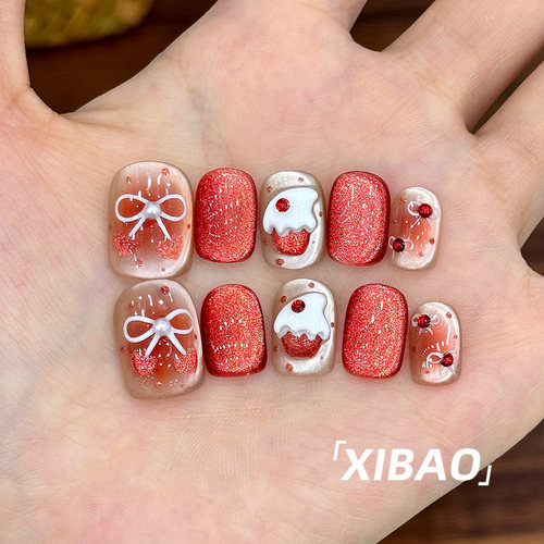 猫眼穿戴甲短款纯手工蝴蝶结短戴甲2026新款精致高级感穿戴款美甲