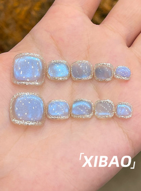 蓝色猫眼脚穿戴甲2026新款夏日显白穿戴美甲高级感手工脚趾甲贴片