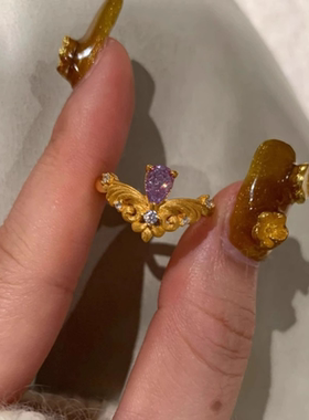 复古风拉丝金色开口戒指纸鸢东风紫钻女古法灵动公主风水滴指环