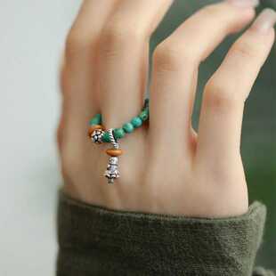 新中式国风绿松佛像莲花弹力绳戒指女小众复古百搭高级感食指戒潮